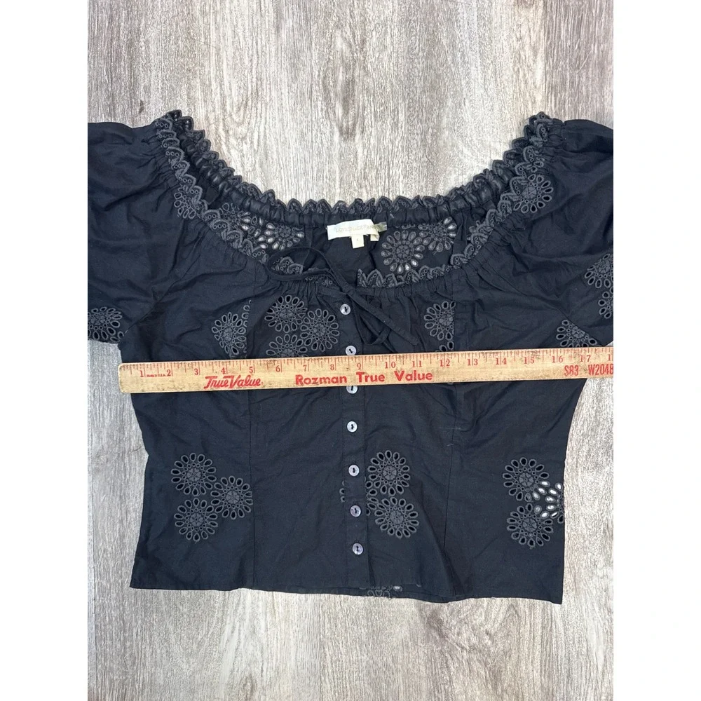 LoveShackFancy Anala Top Black Cotton Eyelet‎ Puff Sleeve Cropped Size 4 Womens